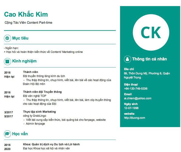 Mẫu CV Cộng Tác Viên Content Part-time