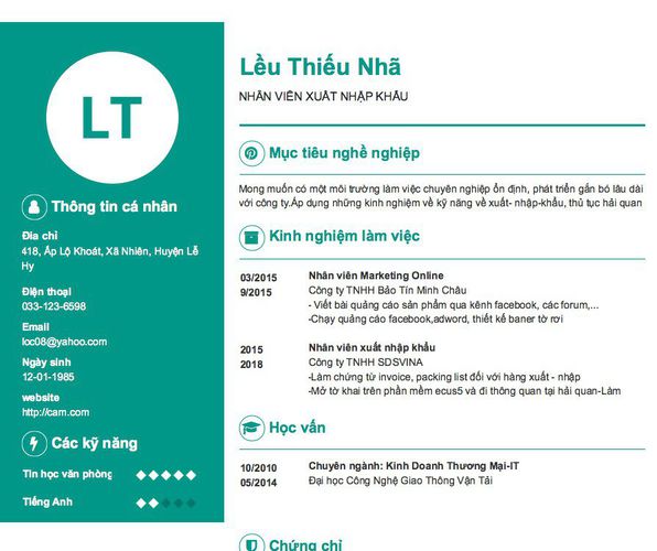 Mẫu CV NHÂN VIÊN XUẤT NHẬP KHẨU