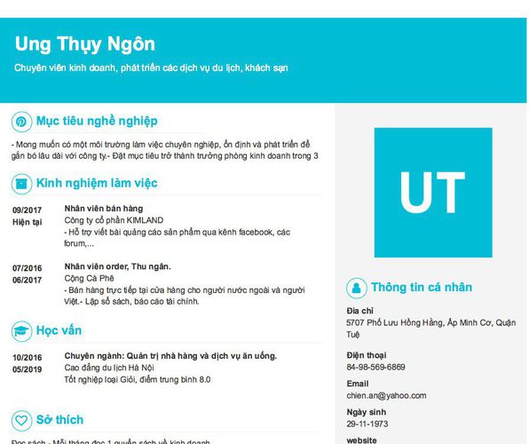 Gợi ý cách viết Mẫu CV tham khảo Chuyên viên kinh doanh, phát triển các dịch vụ du lịch, khách sạn