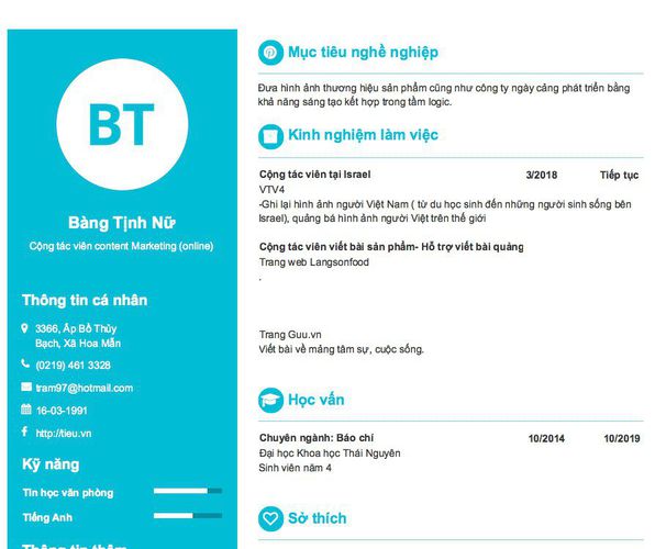 Mẫu CV Cộng tác viên content Marketing (online)