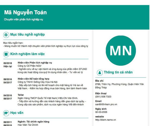 Mẫu CV Chuyên viên phân tích nghiệp vụ