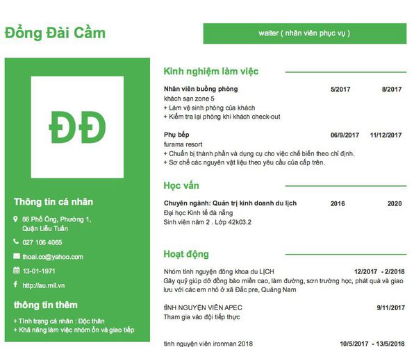 Mẫu CV waiter ( nhân viên phục vụ )