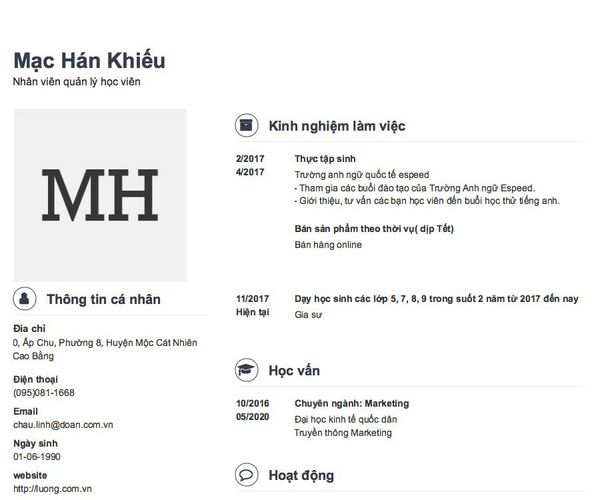 Mẫu CV Nhân viên quản lý học viên