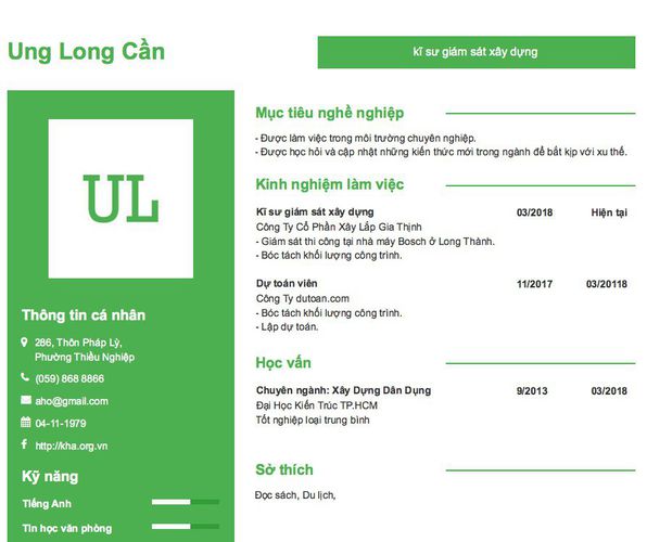 Mẫu CV kĩ sư giám sát xây dựng