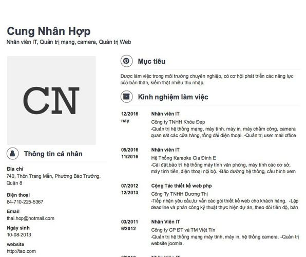 Mẫu CV Nhân viên IT, Quản trị mạng, camera, Quản trị Web