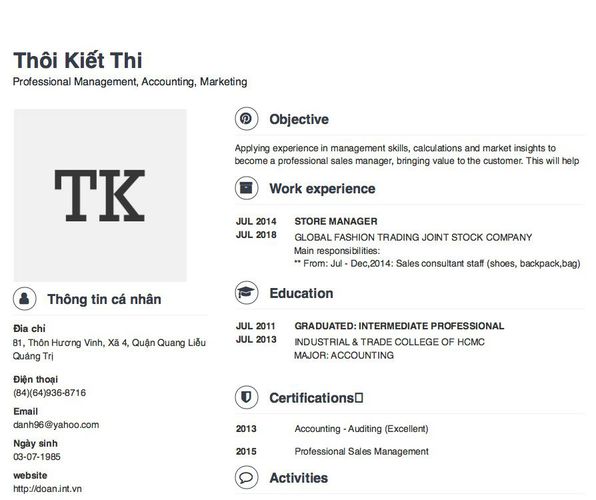 Mẫu CV Professional Management, Accounting, Marketing