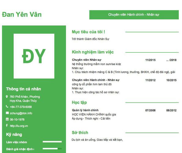 Mẫu CV Chuyên viên Hành chính - Nhân sự