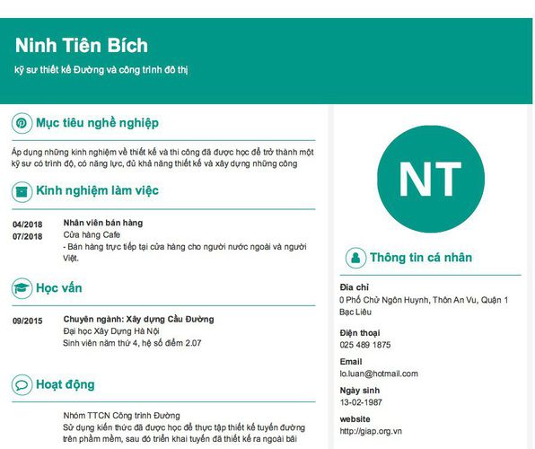 Mẫu CV kỹ sư thiết kế Đường và công trình đô thị