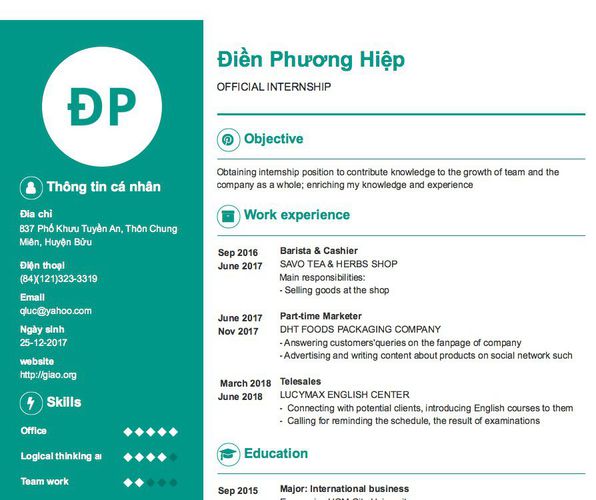 Mẫu CV OFFICIAL INTERNSHIP