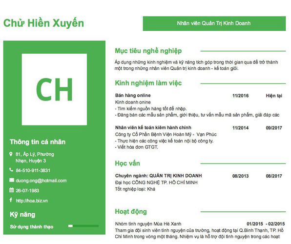 Mẫu CV Nhân viên Quản Trị Kinh Doanh