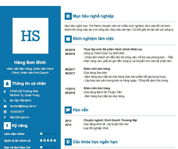 Mẫu CV nhân viên Bán Hàng, Nhân viên Hành Chính, Nhân viên Kinh Doanh