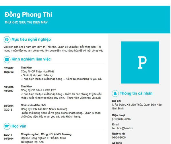 Mẫu CV THỦ KHO SIÊU THỊ ĐIỆN MÁY