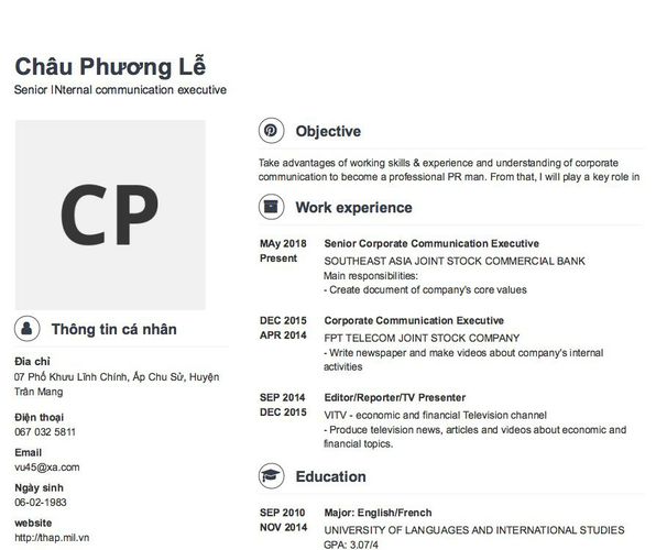 Mẫu CV Senior INternal communication executive