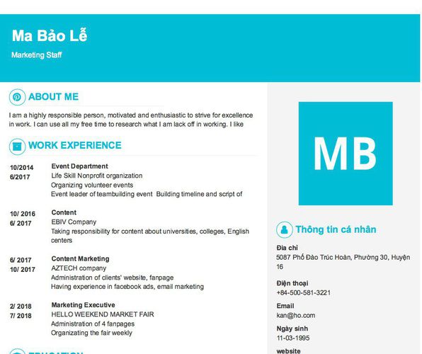 Mẫu CV Marketing Staff