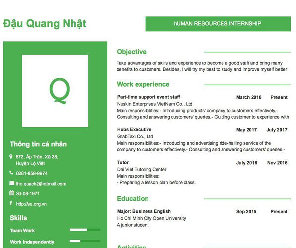 Mẫu CV hUMAN RESOURCES INTERNSHIP