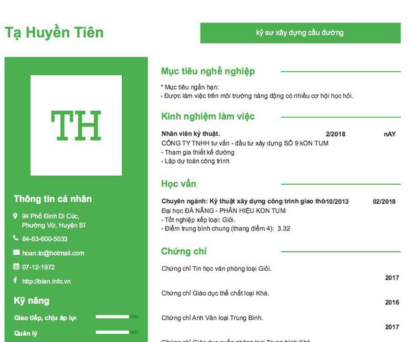 Mẫu CV kỷ sư xây dựng cầu đường