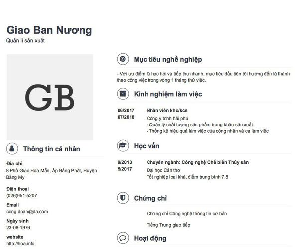 Mẫu CV Quản lí sản xuất