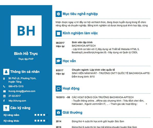 Mẫu CV Thực tập PHP