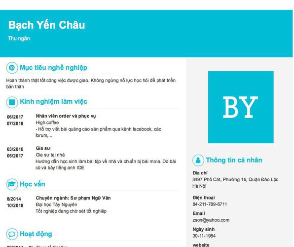 Mẫu CV Thu ngân