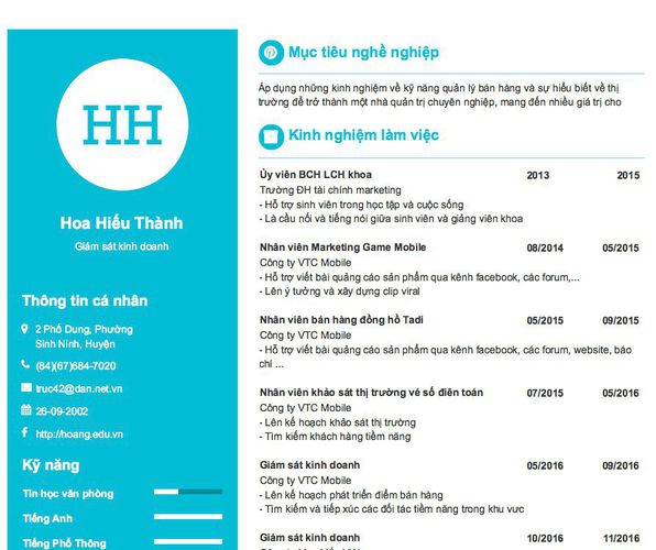 Mẫu CV Giám sát kinh doanh