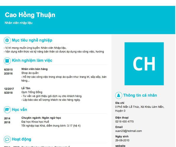 Mẫu CV Nhân viên nhập liệu