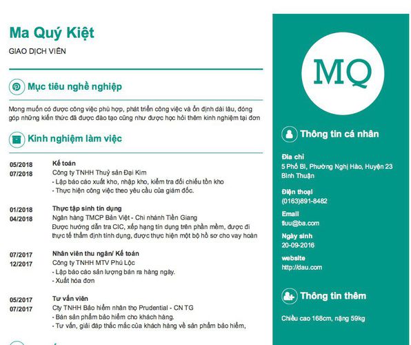 Mẫu CV GIAO DỊCH VIÊN