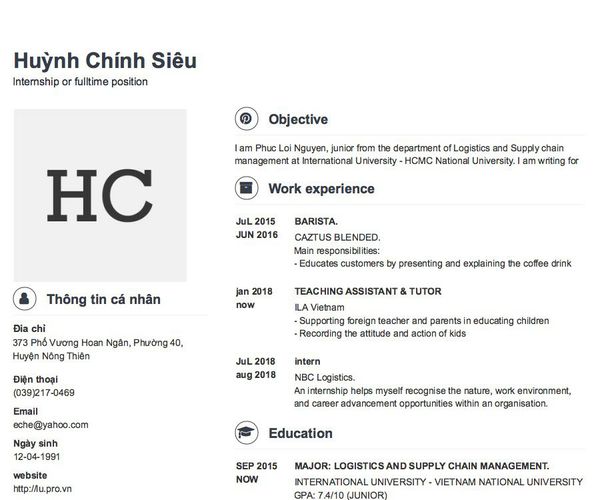 Mẫu CV Internship or fulltime position