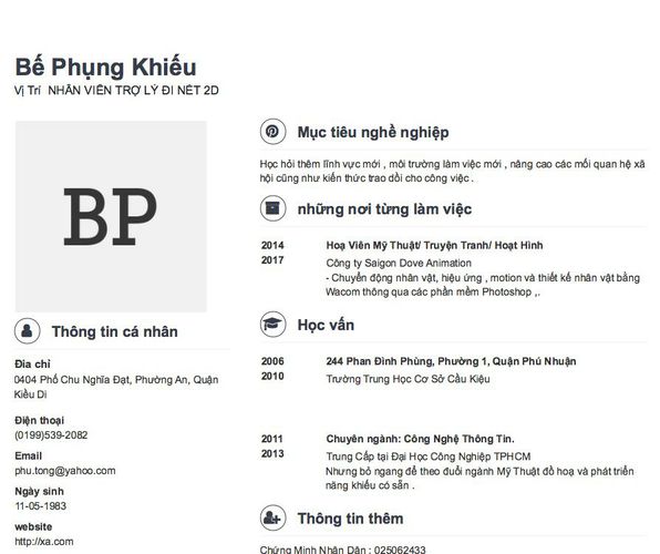 Mẫu CV Vị Trí  NHÂN VIÊN TRỢ LÝ ĐI NÉT 2D