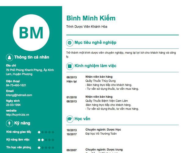 Mẫu CV Trình Dược Viên Khánh Hòa