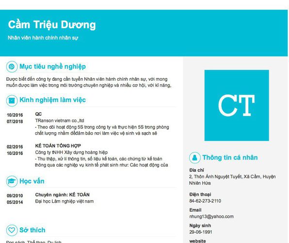 Mẫu CV Nhân viên hành chính nhân sự