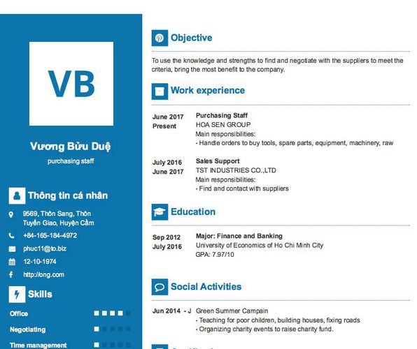 Mẫu CV purchasing staff