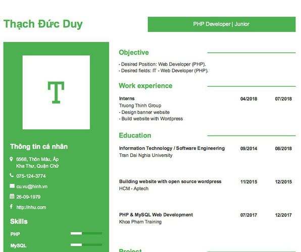 #7325 Mẫu CV PHP Developer | Junior thiết kế chuẩn nhất 2026 bởi Thạch