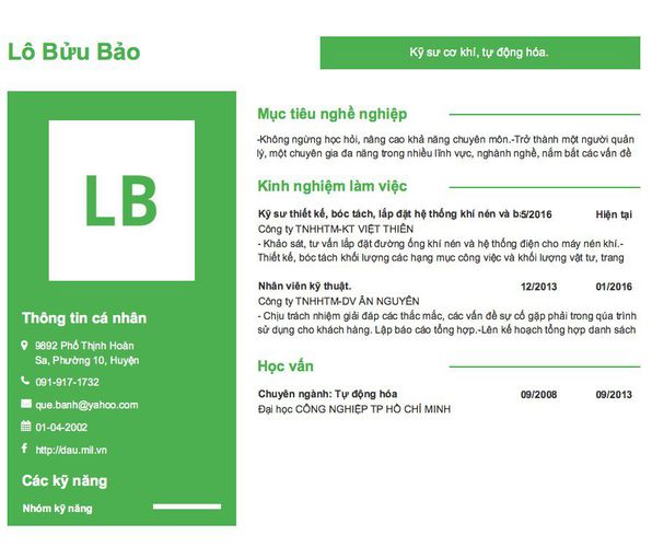 Mẫu CV Kỹ sư cơ khí, tự động hóa.