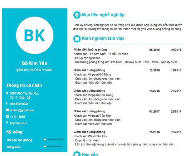 Mẫu CV gIÁM SÁT BUỒNG PHÒNG