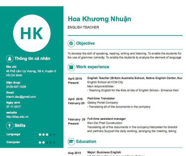Mẫu CV ENGLISH TEACHER