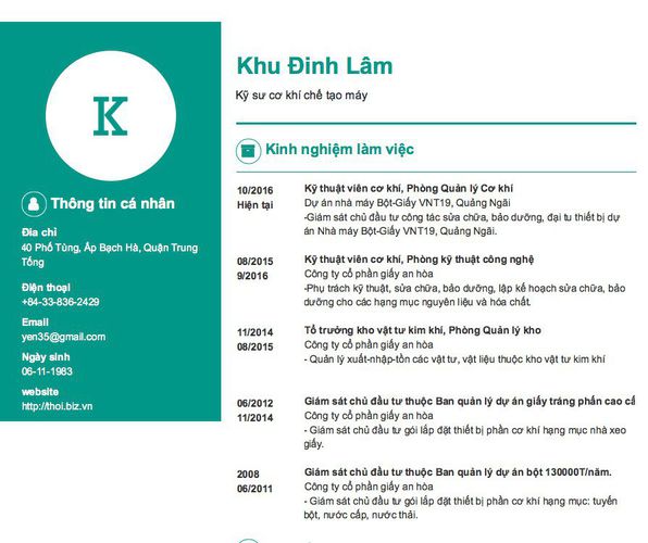 Mẫu CV Kỹ sư cơ khí chế tạo máy