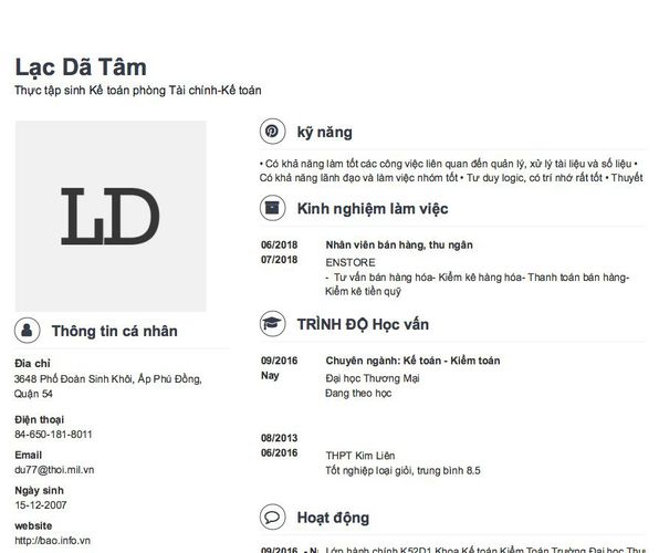 Gợi ý cách viết Mẫu CV tham khảo Thực tập sinh Kế toán phòng Tài chính-Kế toán