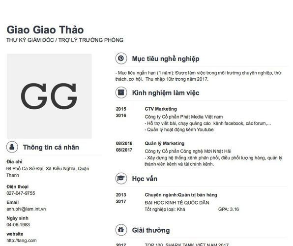 Mẫu CV THƯ KÝ GIÁM ĐỐC / TRỢ LÝ TRƯỞNG PHÒNG