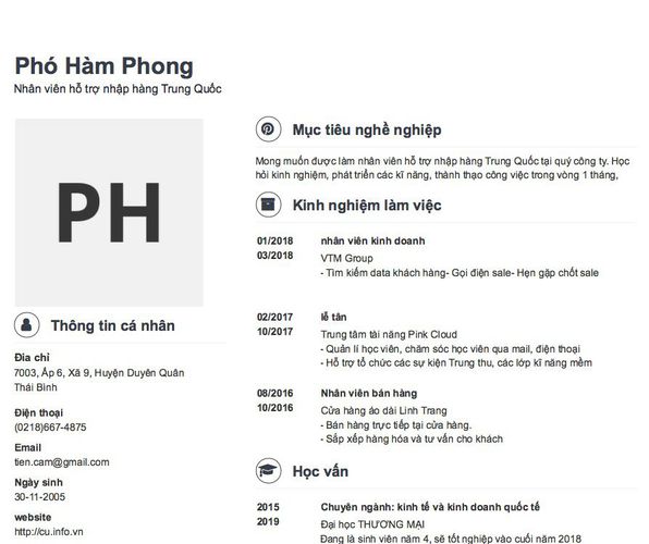 Gợi ý cách viết Mẫu CV tham khảo Nhân viên hỗ trợ nhập hàng Trung Quốc