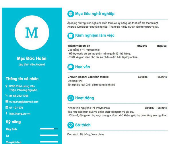 Mẫu CV Lập trình viên Android