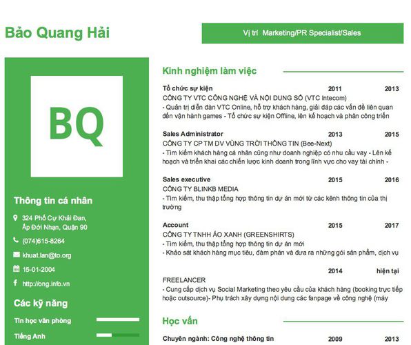 Mẫu CV Vị trí  Marketing/PR Specialist/Sales