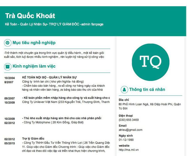 Mẫu CV Kế Toán - Quản Lý Nhân Sự- TRỢ LÝ GIÁM ĐÔC -admin fanpage