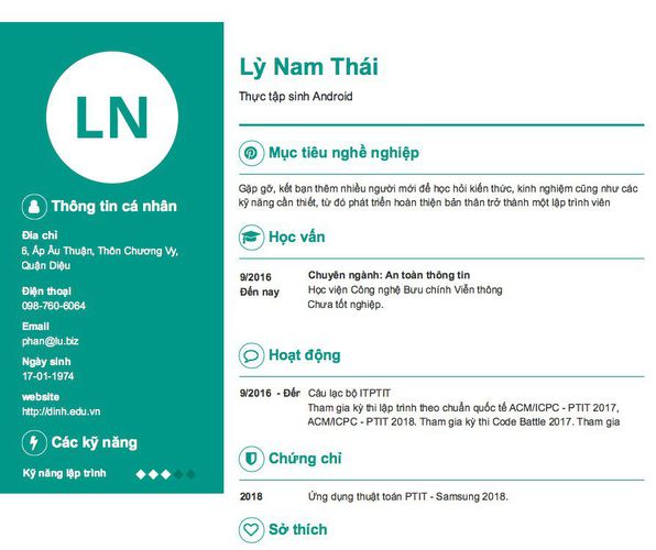 Mẫu CV Thực tập sinh Android