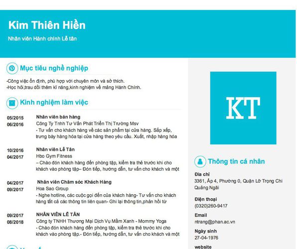 Mẫu CV Nhân viên Hành chính Lễ tân