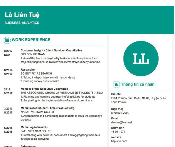Mẫu CV BUSINESS  ANALYTICS