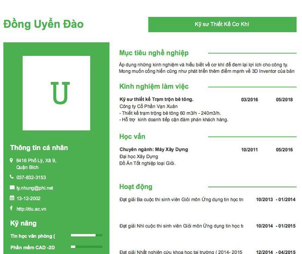 Mẫu CV Kỹ sư Thiết Kế Cơ Khí