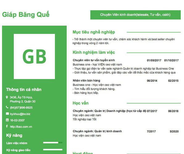 Gợi ý cách viết Mẫu CV tham khảo Chuyên Viên kinh doanh(telesale, Tư vấn, cskh)