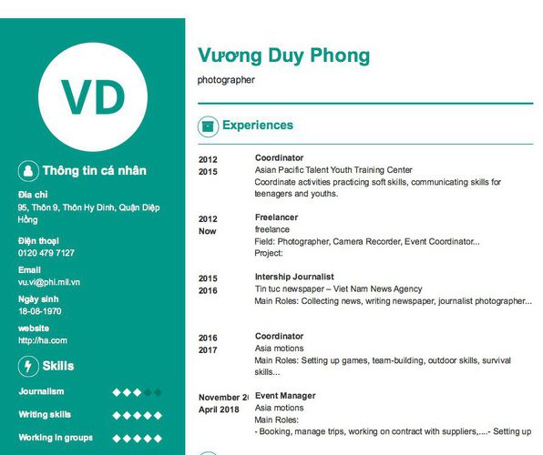 Mẫu CV photographer