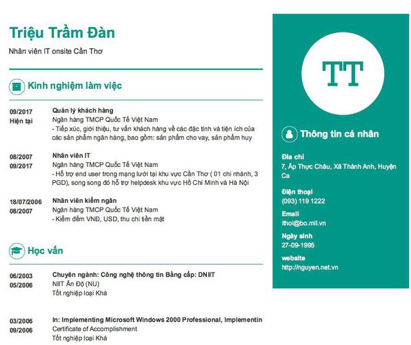 Mẫu CV Nhân viên IT onsite Cần Thơ