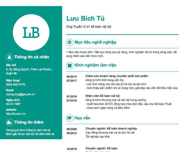 Gợi ý cách viết Mẫu CV tham khảo Ứng Tuyển Vị trí kế toán nội bộ